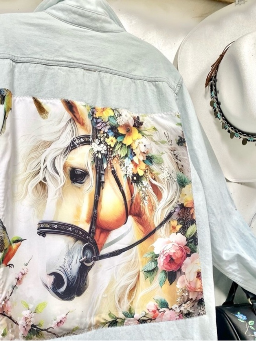 Romantic Horse RARE enchanting Upcycled floral back detailing boho denim shirt